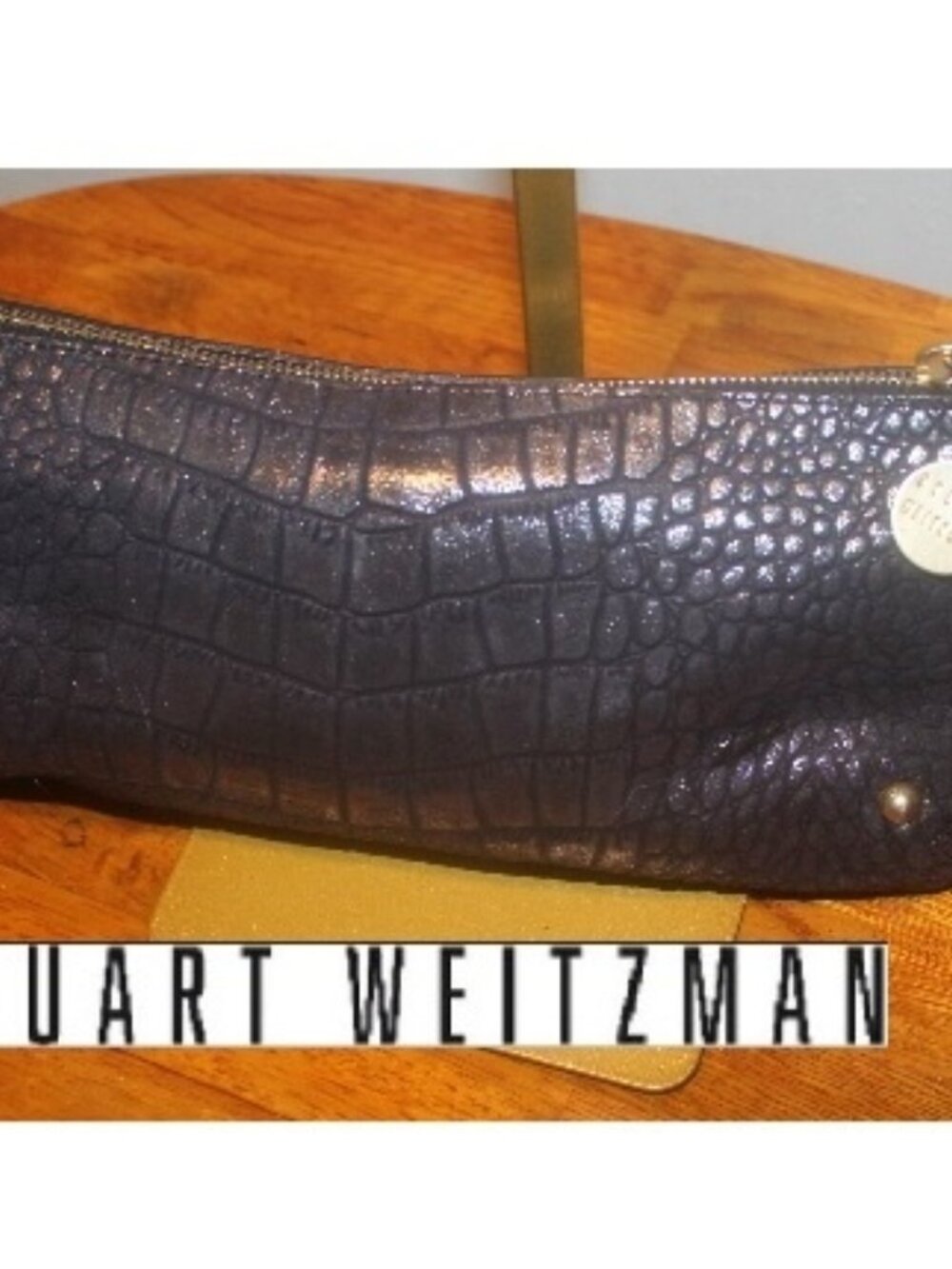 $398 Stuart Weiztman Black Shimmer Embossed Studded Clutch Large Wristlet Bag
